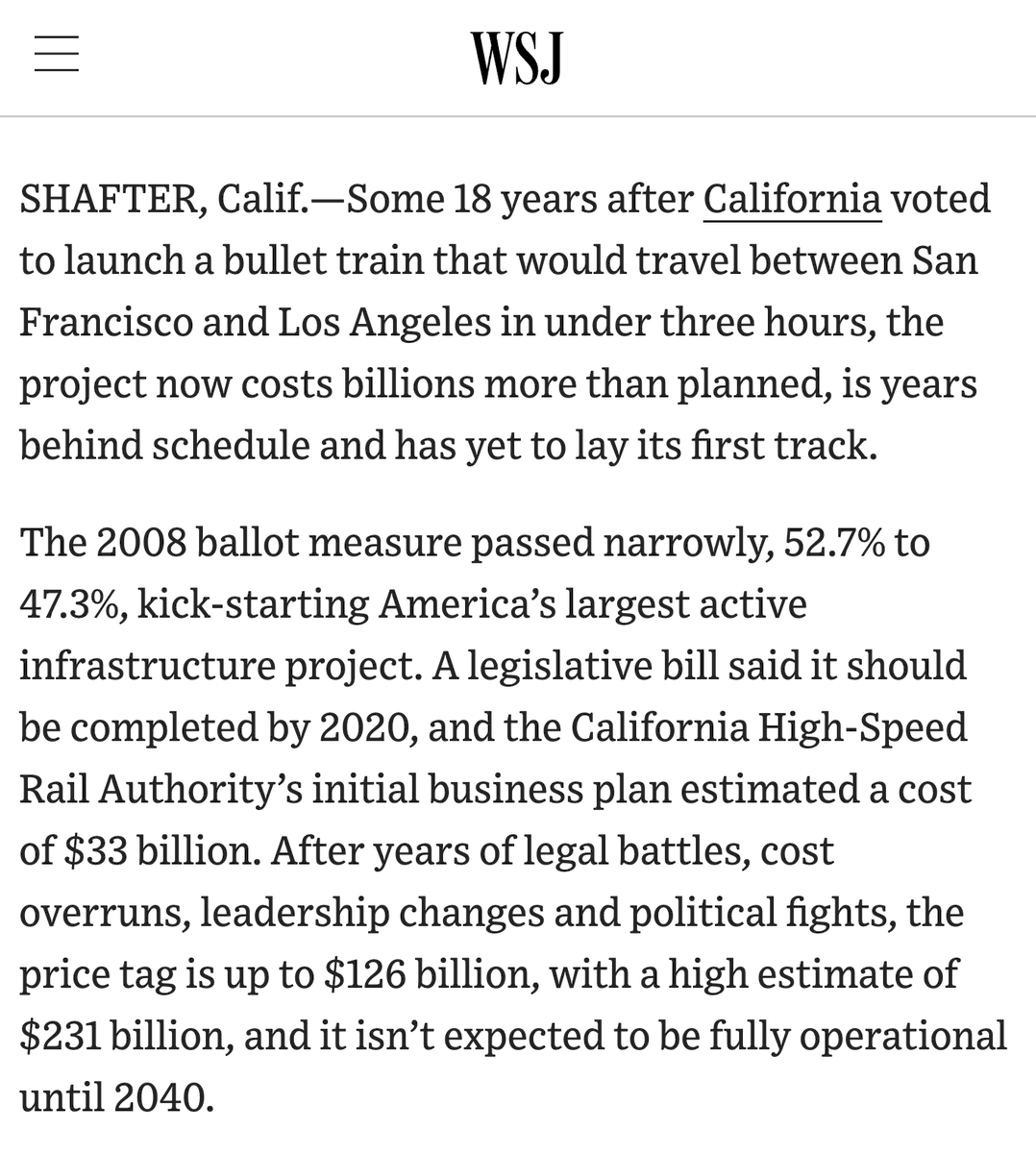 RyanSaavedra's tweet photo. Democrat-controlled California voted to build a bullet train 18 years ago.

They've spent billions of dollars on it and it's exploded in cost from $33 billion to nearly a quarter trillion. 

It won't be done for at least 14 more years.

They have not laid a single track. https://t.co/jrLCc8QA7k