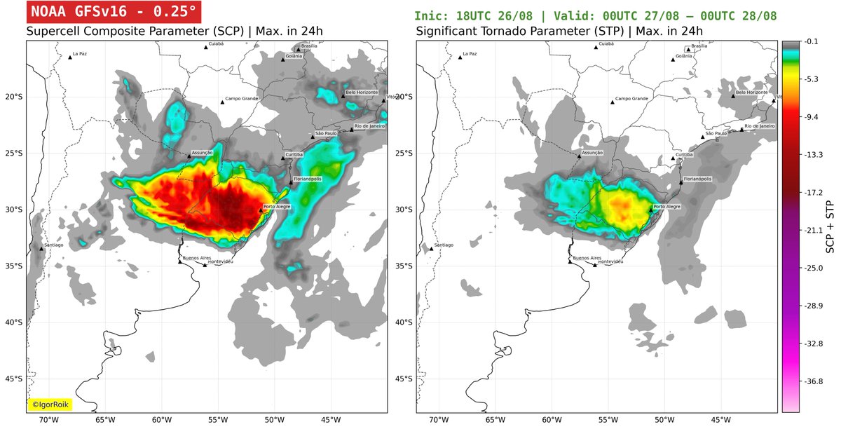 Igor__Roik's tweet photo. Alto risco de severidade nas condições meteorológicas nesta quinta-feira conforme dados processados dos modelos. ICON concentra maior risco no sudoeste do Rio Grande do Sul; enquanto GFS, muito agressivo, estende em todo estado. 
Argentina e Paraguai também apresentam riscos. https://t.co/rXoAinknAP