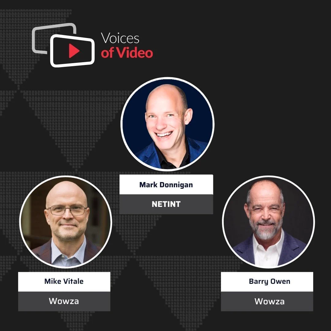 Promotional graphic for the Voices of Video webinar titled "Scaling Live Video Infrastructure with AI and VPUs: Inside Wowza’s Video Strategy." Includes headshots of speakers Mike Vitale and Barry Owen from Wowza, and Mark Donnigan from NETINT, with a "Watch On Demand" call to action.