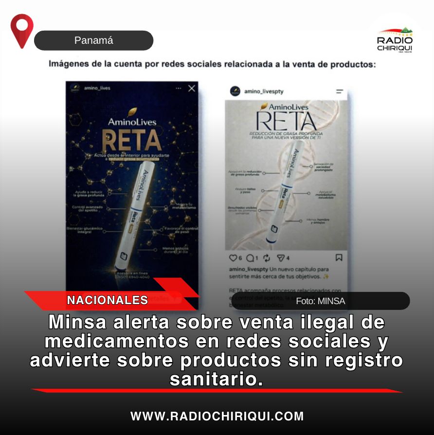 RadioChiriqui's tweet photo. #Nacionales El Ministerio de Salud, a través de la Dirección Nacional de Farmacia y Drogas, emitió una alerta sanitaria contra la comercialización de medicamentos sin registro sanitario a través de las cuentas de redes sociales amino_lives, amino_livespty y la página web https://t.co/1LxldgTxTz, donde se ofrecen péptidos y suplementos para "optimización humana y longevidad". La propia página web advierte que los productos se venden "para fines de investigación, no para consumo humano", lo que evidencia su carácter ilegal para el mercado panameño.

La entidad recomendó a la población abstenerse de adquirir, utilizar o distribuir estos productos, ya que no existe garantía sobre su calidad, seguridad y eficacia. La normativa sanitaria exige que todos los medicamentos cuenten con registro sanitario vigente para su comercialización, y las farmacias autorizadas son los únicos canales seguros para su adquisición.

El Minsa canalizó el caso a la Comisión de Publicidad para las acciones correspondientes y habilitó los canales de denuncia para quienes identifiquen estos productos: el formulario en la página web de la Dirección Nacional de Farmacia y Drogas o los teléfonos 501-0306 y 524-9050. También recordó que los ciudadanos pueden verificar los registros sanitarios de los medicamentos en el sistema oficial Sisregsan. La institución exhortó a profesionales de la salud y al público en general a reportar cualquier situación que pueda afectar la salud de los pacientes y a compartir esta alerta para prevenir riesgos.
