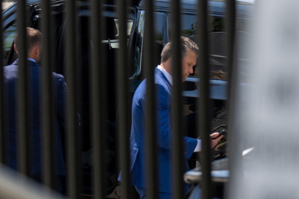 sentdefender's tweet photo. U.S. President Donald J. Trump appears to now have been briefed on the meeting yesterday between U.S. and Russian intelligence officials, as CJCS General Dan Caine, Secretary of War Pete Hegseth, and CIA Director John Ratcliffe were seen leaving the White House roughly an hour ago. 
Photo credit: @PenguinSix