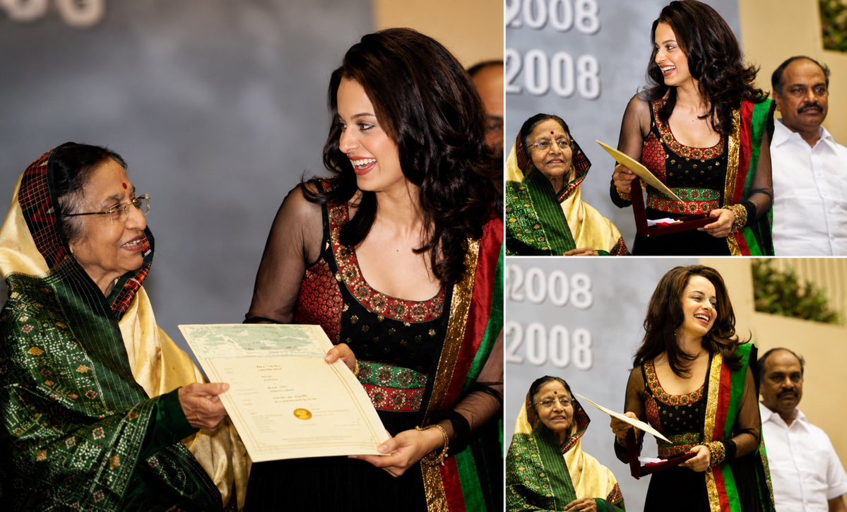 hnmviews's tweet photo. These are some absolutely beautiful pictures of Kangana Ranaut from the time when she received the National Award four times for five performances and was honored with the Padma Shri. First achieve something like this through your own talent, and then come to troll Kangana. You’re all just jealous cockroaches. That’s it.😂