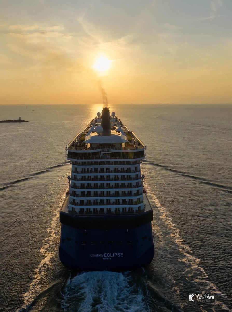 wdshots's tweet photo. Celebrity Cruises en route to France in the setting sun of IJMUIDEN. #droneshot https://t.co/dmNkO955xv
