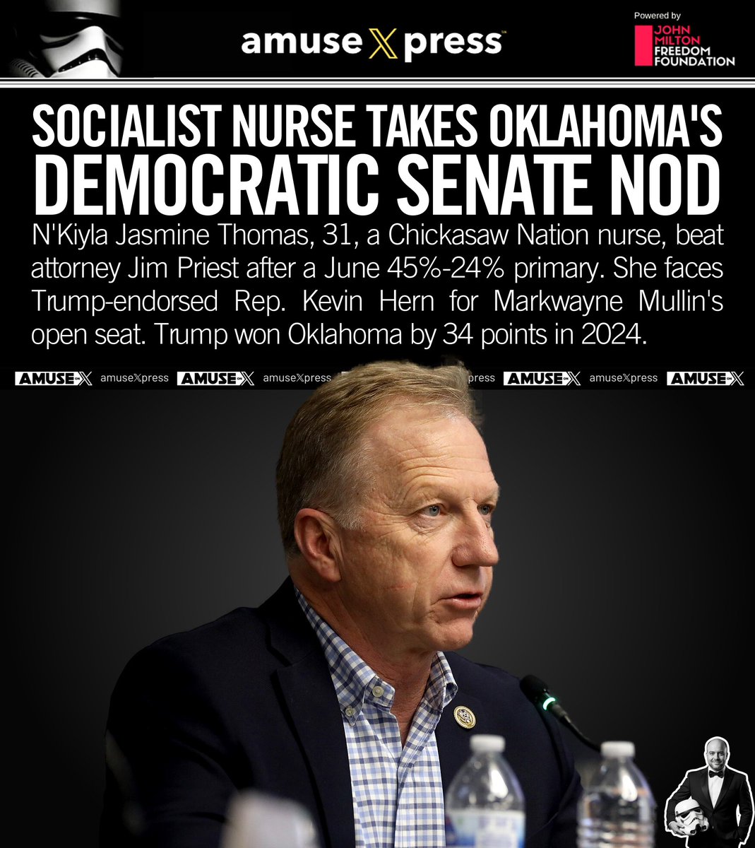 amusexpress's tweet photo. OKLAHOMA: Socialist nurse @jasmineforok, 31, took the Democratic Senate nod after beating Jim Priest 45-24. She faces Trump-endorsed Rep. Kevin Hern for Mullin's open seat. Trump won the state by 34 points.
https://t.co/BgY2v5isCq https://t.co/plG90OAmSn
