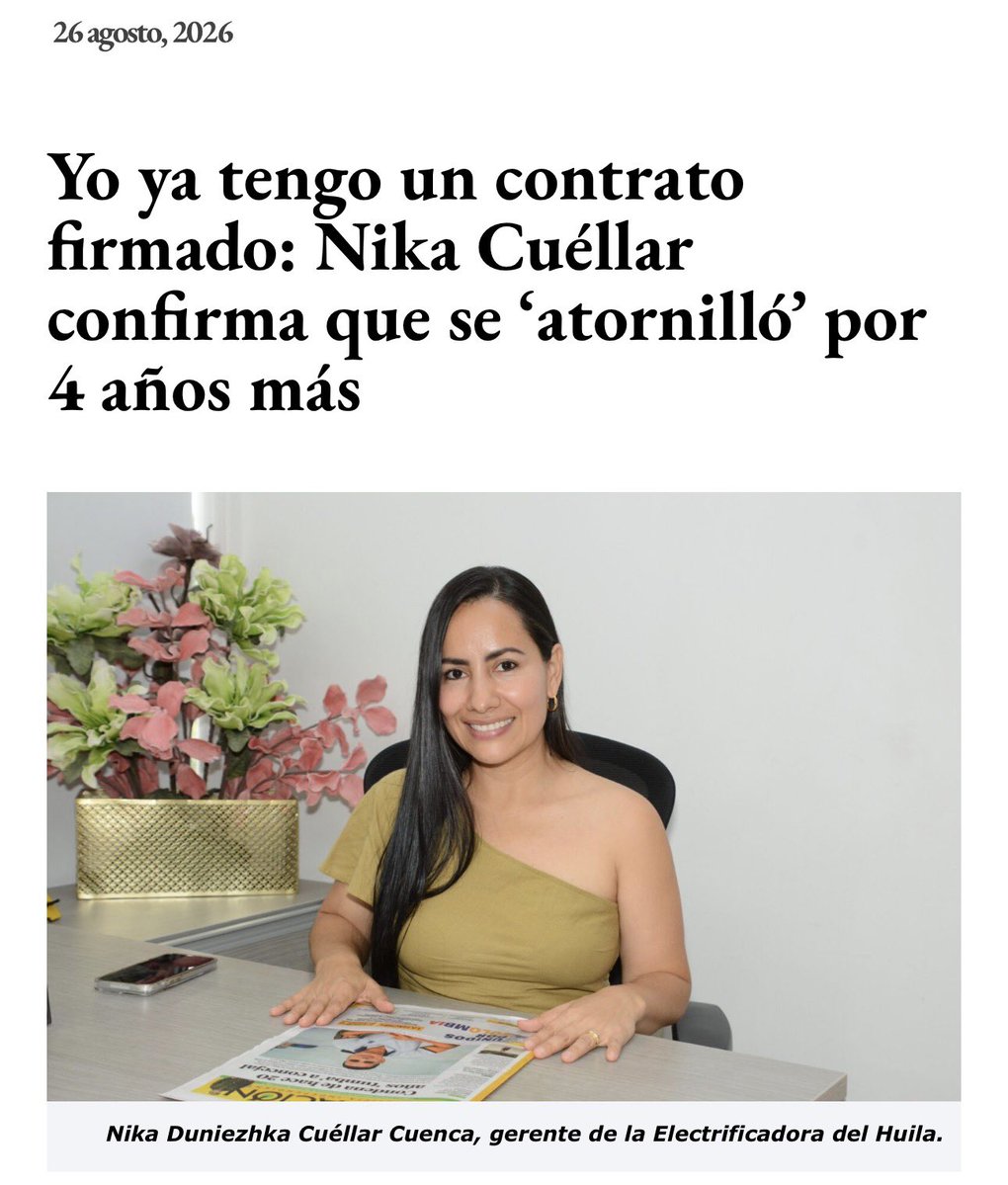 Melquisedec70's tweet photo. Atención. Como lo denuncié en su momento, el gobierno de Petro atornilló por 4 años a la gerente de la Electrificadora del Huila, Nika Cuéllar, hija del jefe del petrismo en el departamento, Armando Cuéllar.
ElectroHuila es la empresa con las tarifas más altas de energía en el país.

La gerente se gana el sueldo más alto de la región, son cerca de $50 millones mensuales.

Así lo confirma ella misma, oronda y riéndose. Y diciendo, cínicamente, que ella no tuvo nada que ver en esa reforma de estatutos que le permite tener ese contrato por 4 años. 
Se lo dijo al diario La Nación.