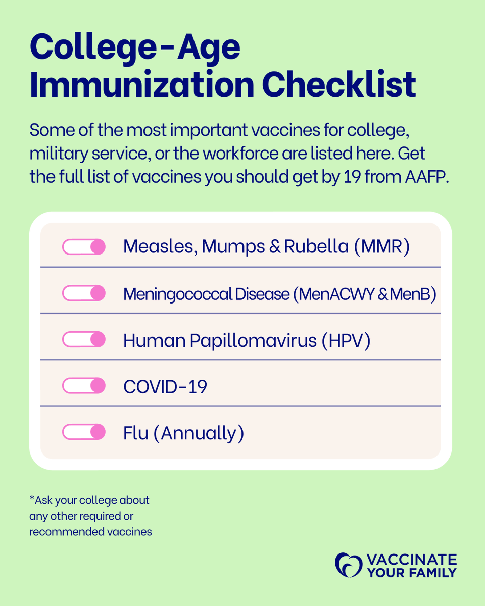 Vaxyourfam's tweet photo. Adding immunizations to the adulting checklist is easy: make a call to your healthcare provider = one less thing to worry about this semester. ✅ #MakeTheCall #FirstDayVax
View the most current recommended immunization schedule at: https://t.co/BFe1StPZrX https://t.co/xKMn7k136Y