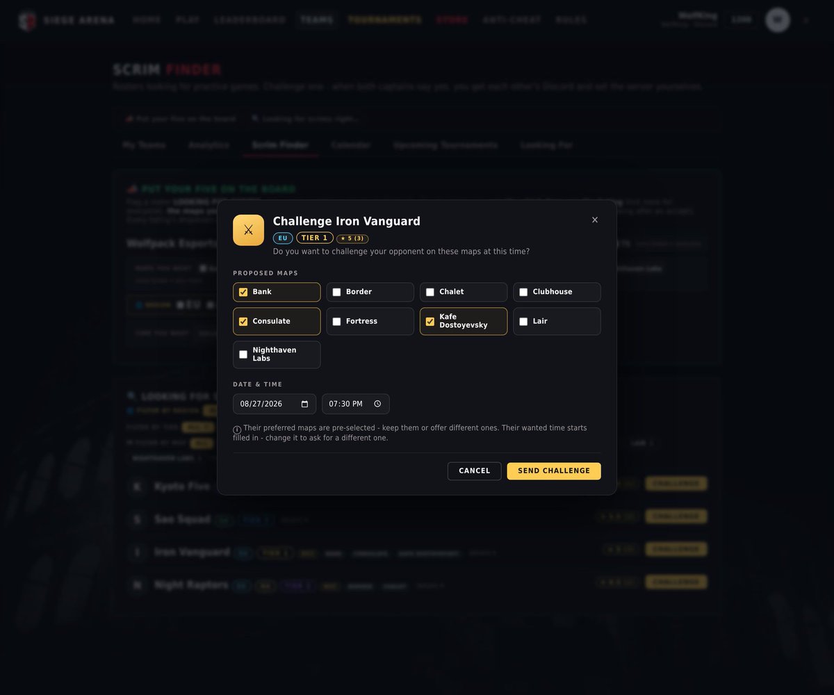 PlaySiegeArena's tweet photo. 🔎 SCRIM FINDER COMING SOON 

Looking for a scrim?

Filter by region, tier, maps, and availability, then challenge another team directly through the site.

No more digging through Discord channels and Twitter group chats trying to find a scrim.

Find the Scrim. Send the challenge. Coming Soon. 🏛️