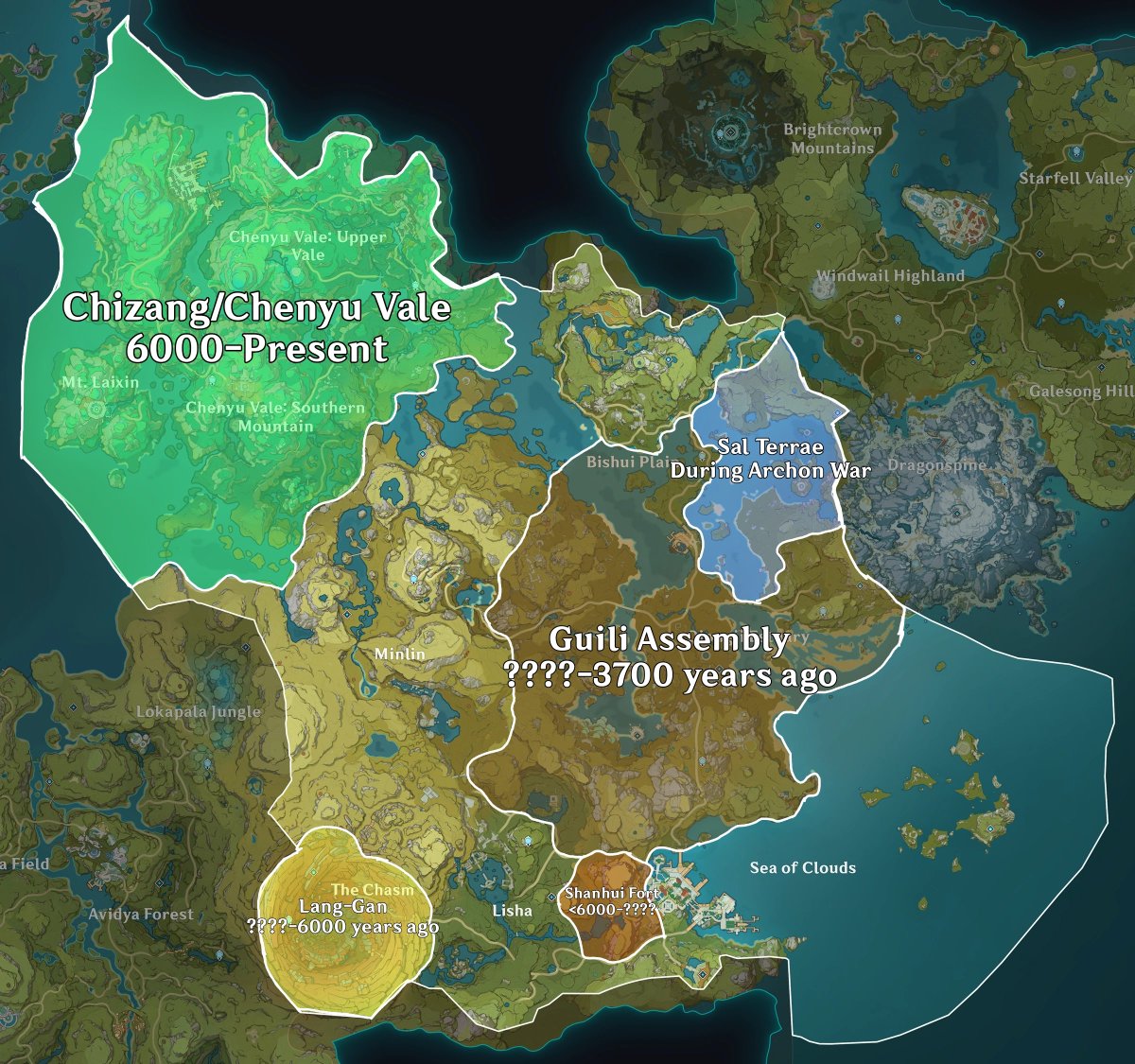 minmunchlore's tweet photo. A little project I made is this map of every Ancient Civilization in Teyvat's history https://t.co/sDCUiJNk5A