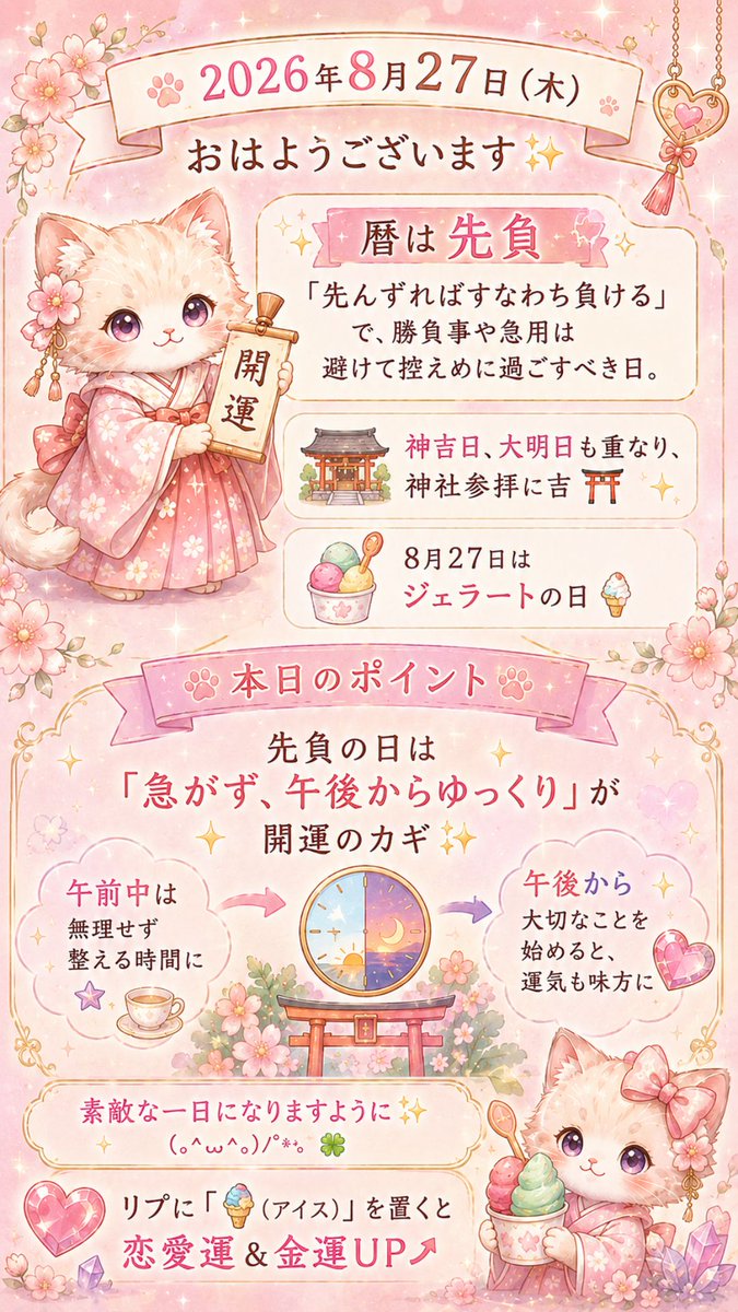 micaneuranai's tweet photo. ＼2026年8月27日（木）／

おはようございます✨

暦は先負💞「先んずればすなわち負ける」で、勝負事や急用は避けて控えめに過ごすべき日。

神吉日、大明日も重なり、神社参拝に吉⛩

また、8月27日はジェラートの日🍦

🌟本日のポイント

先負の日は「急がず、午後からゆっくり」が開運のカギ✨

午前中は無理せず整える時間に。午後から大切なことを始めると、運気も味方してくれるでしょう⛩️🍀

素敵な一日になりますように✨(ㅅ⁎ᵕᴗᵕ⁎)✩°̥࿐🍀

リプに「🍨（アイス）」を置くと恋愛運＆金運UP⤴