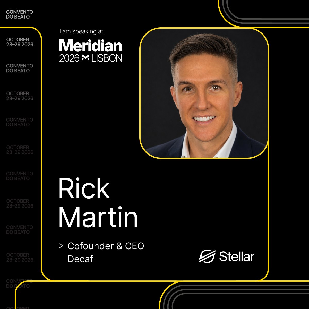 rickdanielm's tweet photo. Just got my speaker card for Meridian 2026. 🇵🇹

Decaf will be giving a Lightning Keynote in Lisbon this October.

This year, we’ve seen stablecoins used for humanitarian aid paying thousands of families in Venezuela, helped people from 100+ nationalities access and use money across borders, and watched the technology start to disappear into the background.

That’s the part I find most exciting.

Stablecoins underneath. AI handling the complexity. Bank accounts, cards, cash, QR and WhatsApp on the surface.

Most people may never think of themselves as “crypto users” - they’ll just have better financial tools.

There are a lot of events where people talk about what blockchain could do.

Meridian is increasingly where you can see what it’s already doing.

See you in Lisbon, Oct 28–29. 🇵🇹