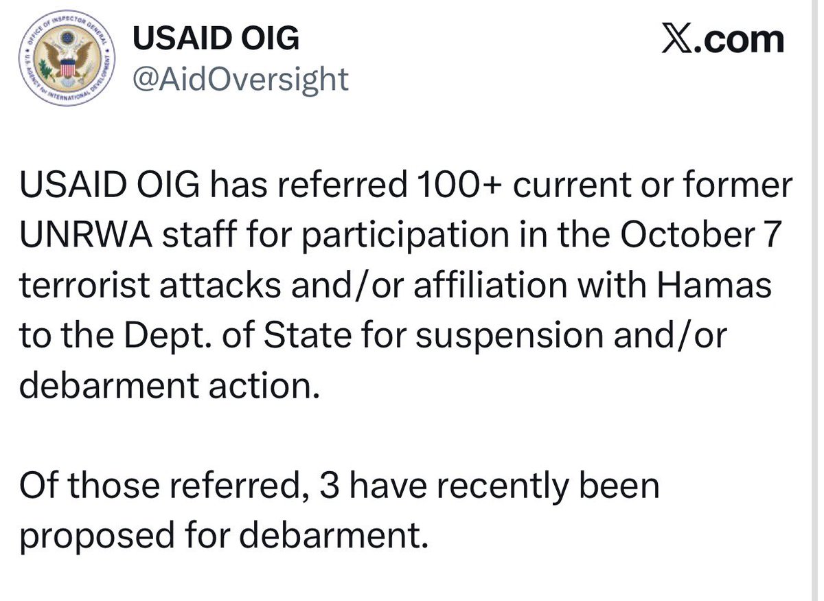 EYakoby's tweet photo. BREAKING: USAID confirms that over 100 UNWRA staff directly participated in the October 7th attacks or have affiliation with Hamas.

Exactly what we’ve said for three years. https://t.co/xu8Mq1b8UN