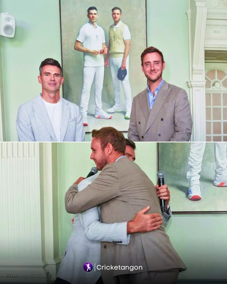 cricketangon's tweet photo. An iconic England pace duo, now framed forever at the Home of Cricket 🏟️
A special moment for Sir James Anderson and Stuart Broad as their joint portrait is unveiled in the Long Room at Lord’s ✨
#JamesAnderson | #StuartBroad #EnglandCricket https://t.co/rGfnmGsVW9