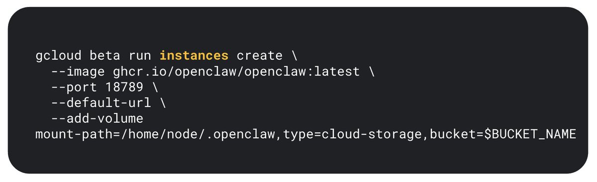 steren's tweet photo. 🦞 Deploy and run OpenClaw or Hermes on Google Cloud Run for $11 a month, in one command.

Introducing the Cloud Run Instance:
- A new primitive to manage individual microVMs,
- Full Linux compatibility,
- Always on and long running,
- SSH (soon)