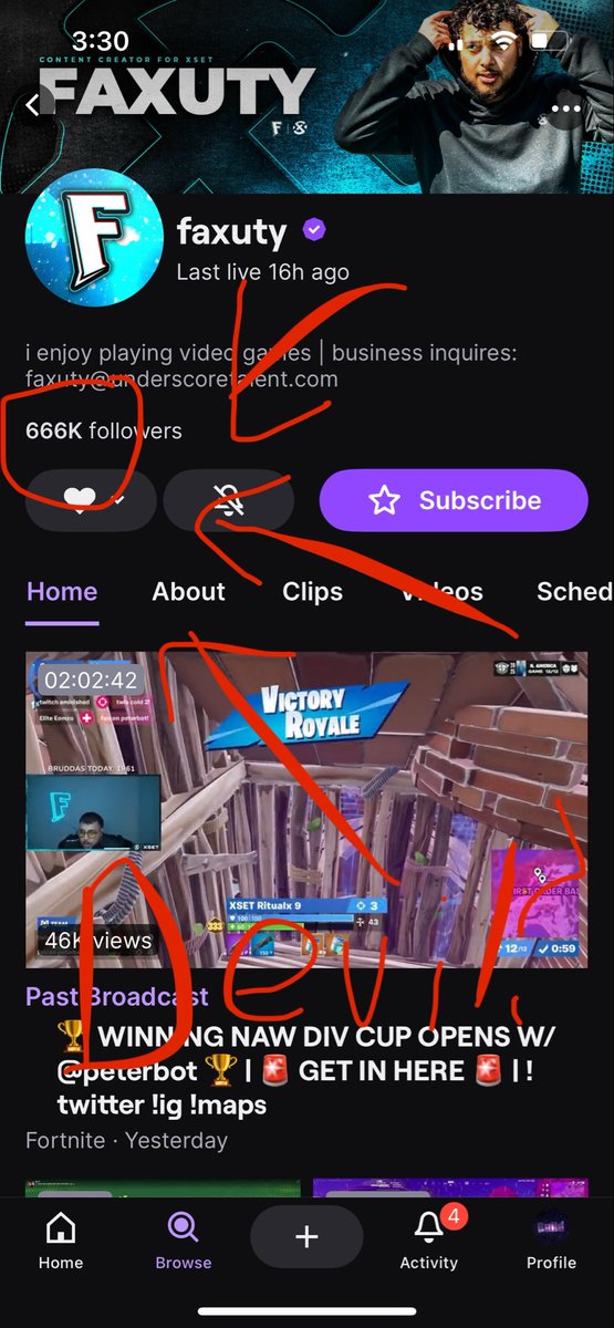 GremmyFNBR's tweet photo. Is @faxuty actually the devil?!?

After people started claiming that he orchestrated the situation with @PeterbotFN @RazZzero0oFN and @BloodxEU , people started saying he is the devil of the com

And now he hit 666k followers on twitch…

Coincidence? Probably not https://t.co/6FmRrKNahn