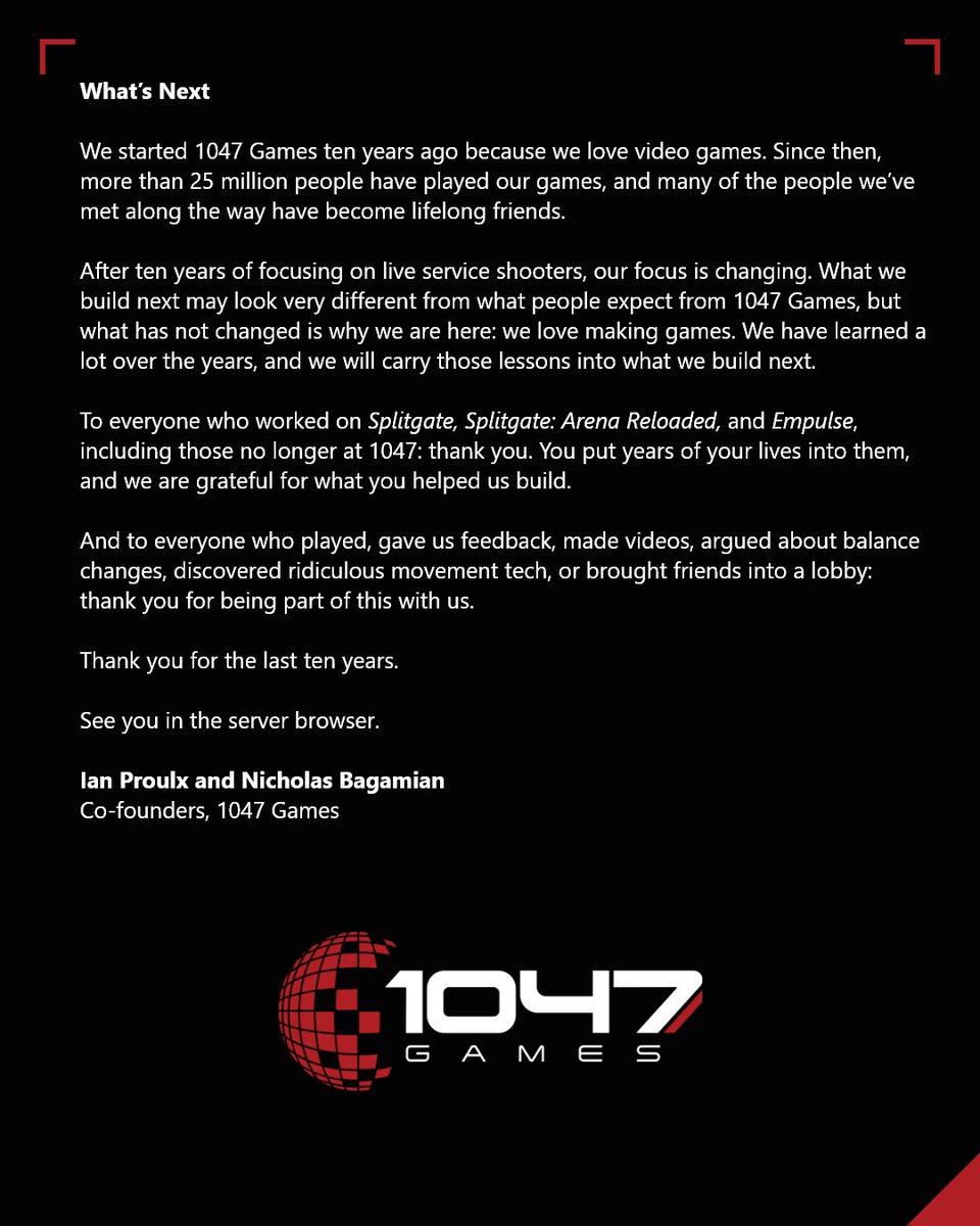 JakeSucky's tweet photo. 1047 games is officially ceasing development on Splitgate: Reloaded and Empulse

With not enough revenue to maintain dedicated servers https://t.co/1wbXEfMRQO