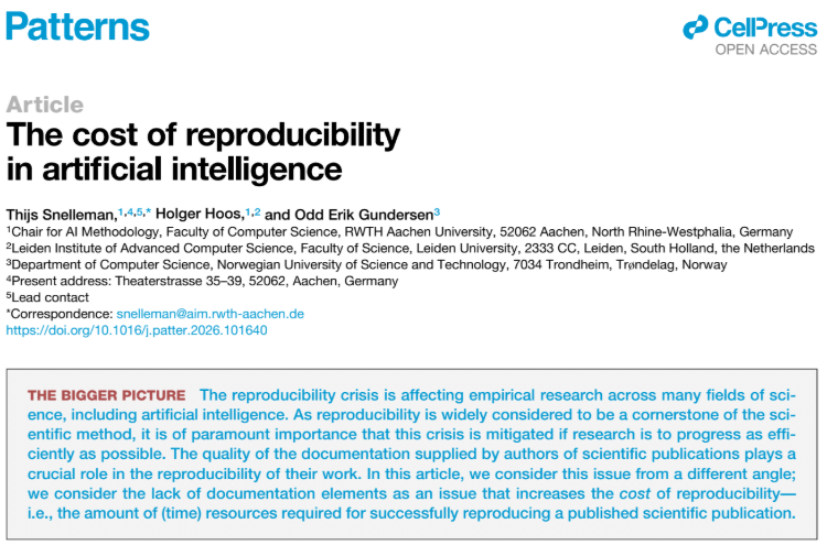 CellPressNews's tweet photo. The cost of reproducibility in artificial intelligence. 

Learn more in Patterns: https://t.co/H5bB19FiVa

Thijs Snelleman, Holger Hoos &amp; Odd Erik Gundersen
@Patterns_CP https://t.co/tk0WKfOQFM