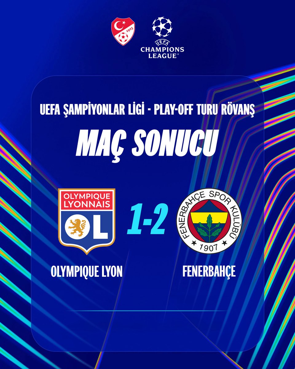 TFF_Org's tweet photo. UEFA Şampiyonlar Ligi play-off turu rövanş maçında Fransa'nın Olympique Lyon takımı ile karşılaşan temsilcimiz Fenerbahçe, rakibini 2-1 mağlup etti.

Bu sonuçla UEFA Şampiyonlar Ligi’nde lig aşamasına yükselen temsilcimiz Fenerbahçe’yi tebrik eder, sonraki maçlarda başarılar dileriz.