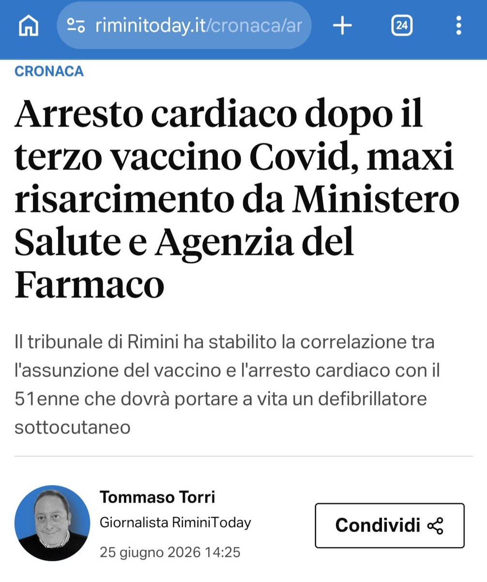 Livythinker's tweet photo. Tribunale Rimini condanna maxi risarcimento uomo che dopo terza dose di vaccino a RNA  ha avuto un arresto cardiaco che lo ha costretto a vita ad un defibrillatore sottocutaneo https://t.co/kEKCtFsnNo
