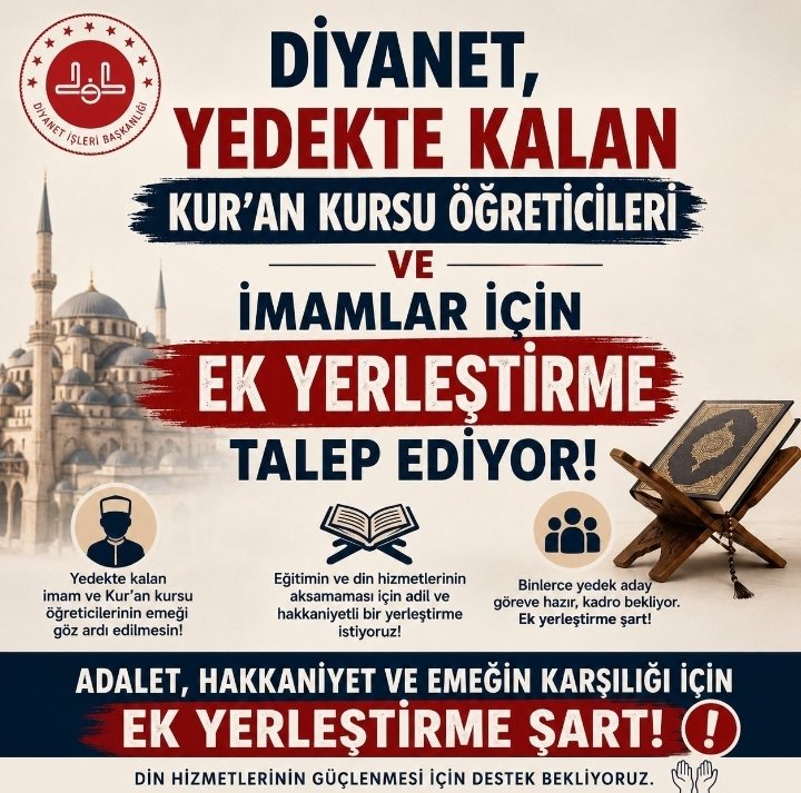 Nurblgnnn's tweet photo. @Derin_Devlettt Diyanet’te görev hayaliyle sınavlara hazırlanan, süreci başarıyla tamamlayan fakat yedekte kalan adaylar unutulmamalı. Bu emeğin karşılığı, yeni bir sınav beklemek değil, görev fırsatı bulmak olmalı.

#DiyanetYedeklerGöreve https://t.co/yrju7cQxTL