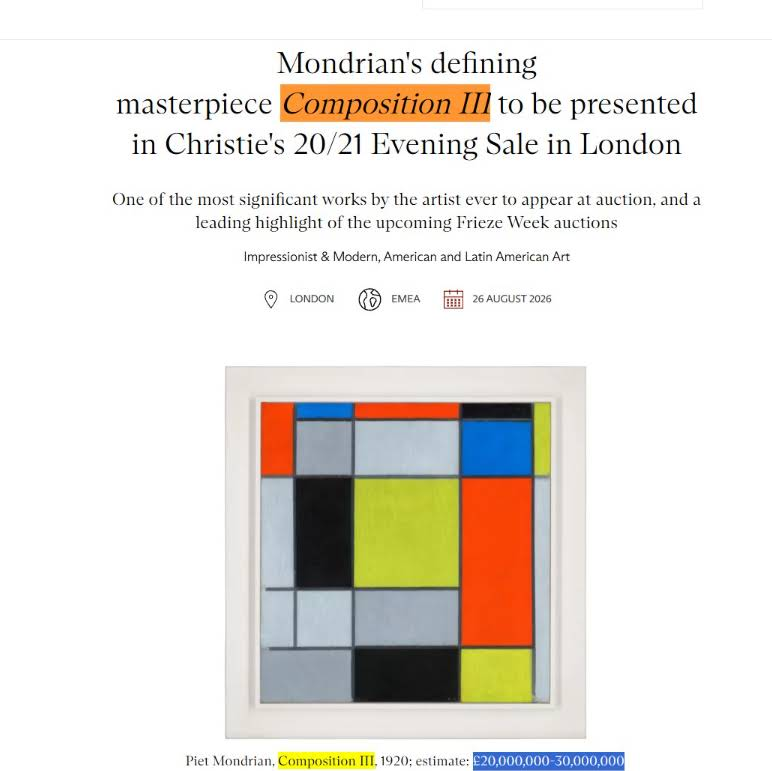 SmolTrenchor's tweet photo. We just got the next Mona Lisa and we are in a full art meta

Mondrian’s “Composition III” was stolen and hasn’t been seen for over 25 years

now it suddenly resurfaced and is heading to auction at Christie’s for up to $40M

https://t.co/IWEqa3rYW7

https://t.co/dklwzAVBzB https://t.co/GZm8iC8Ml3