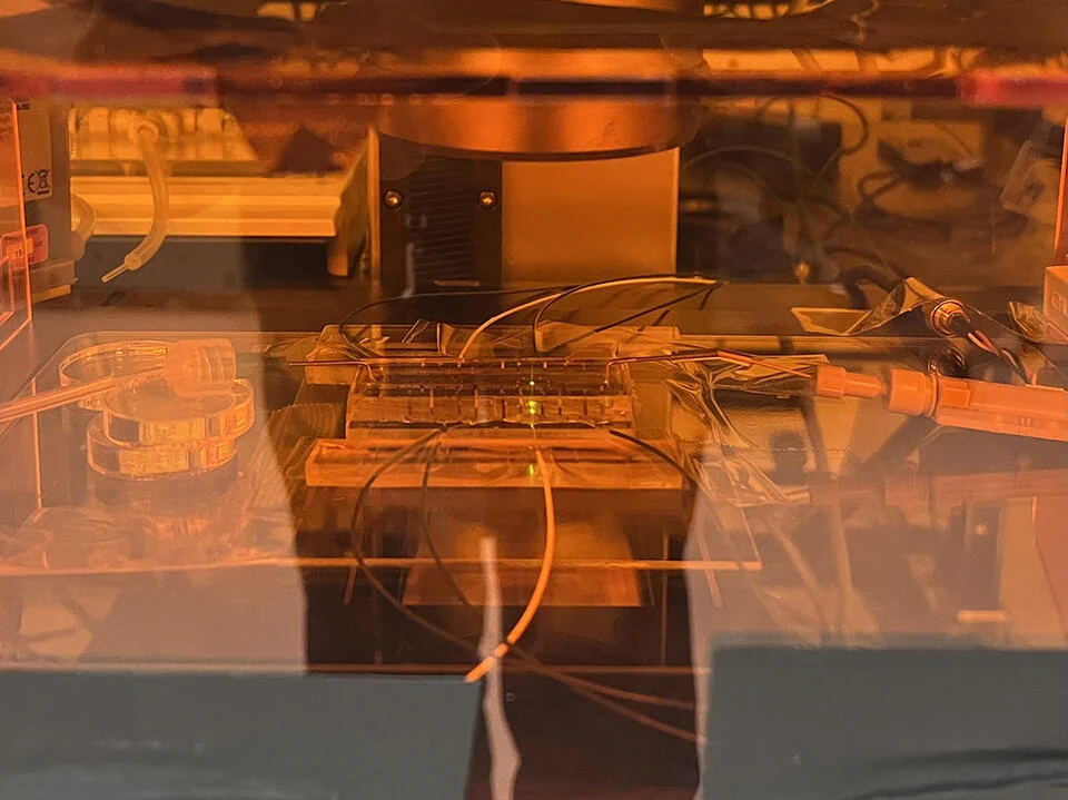 A close-up of intricate electronic equipment under a warm, orange light, suggesting a laboratory or technical setup. Numerous wires and components are visible, indicating detailed and precise work.