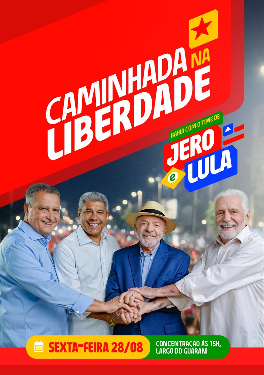 Jeronimoba13's tweet photo. Sexta-feira é dia de Lula na Bahia! ⭐️🚩

Todos os caminhos levam à Liberdade, em Salvador, para a grande caminhada com Lula, Jero, Wagner, Rui e o Timão completo. É 13 na Bahia e no Brasil, para seguirmos avançando e construindo o futuro que queremos. 

📍 Concentração às 15h, no Largo do Guarani. Caminhada até o Plano Inclinado da Liberdade.

Vista sua camiseta vermelha, chame a galera e chegue cedo. Vamos contagiar a Bahia e o Brasil com essa energia! 

#timedelula #jero13 #wagner130 #rui133 #lula13

⸻———

Propaganda eleitoral - Coligação Mais Bahia, Mais Brasil - Federação Brasil da Esperança – FE Brasil (PT / PC do B / PV), PDT, MDB, PSB, PSD e AVANTE - CNPJ 68.345.373/0001-38