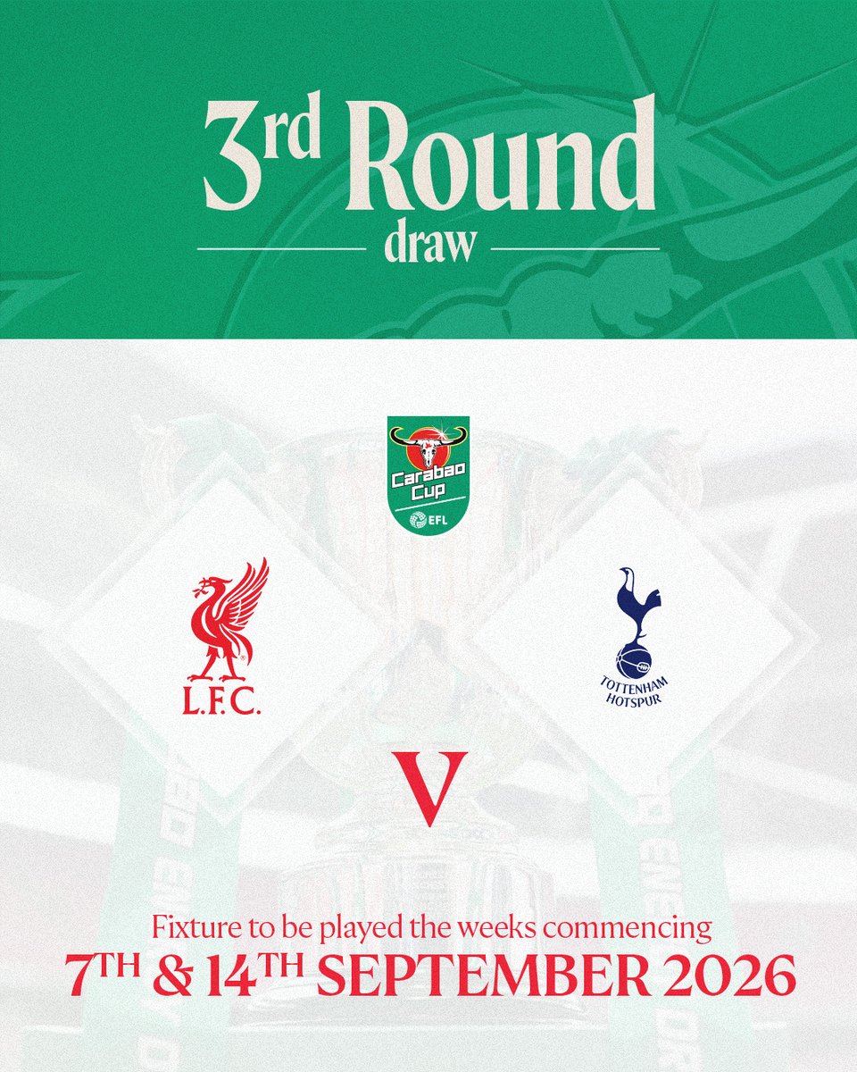 LFC's tweet photo. Our @Carabao_Cup opponents are confirmed 🆚

We’ll host Spurs at Anfield in the third round 👊 https://t.co/cIM3tCPtjG