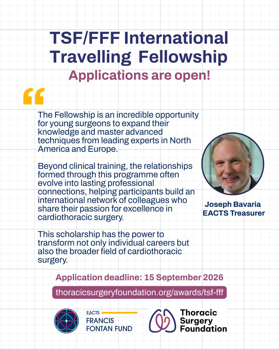 ThoracicSurgFnd's tweet photo. 🌍 Applications are open for the TSF/FFF International Travelling Fellowship!
Gain global experience, learn from leading experts, and build lifelong professional connections in cardiothoracic surgery.
Apply by September 15, 2026: https://t.co/zc4ivIdGRh https://t.co/tdJmOgK7pz