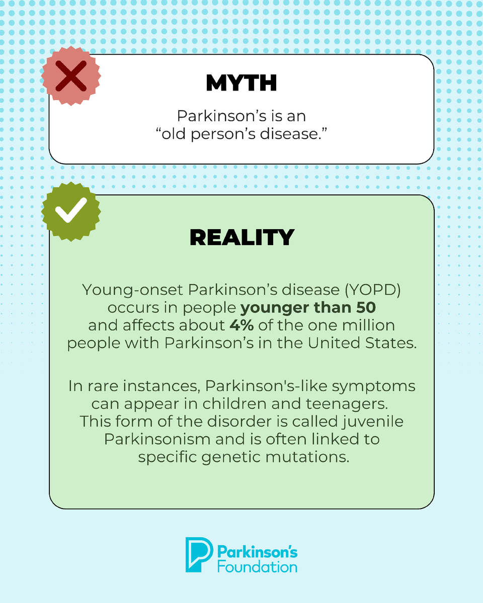 ParkinsonDotOrg's tweet photo. People diagnosed with Parkinson's at a younger age face different social challenges — they're often mid-career, have less time for care, and may be navigating parenthood or family planning with concerns about genetic risk.

Younger brains also have higher neuroplasticity (the brain’s ability to grow and change response to therapy) potential which allows the brain to handle and respond to disease and therapy differently. 

Learn more about young-onset Parkinson's disease and explore resources designed specifically for the YOPD community: https://t.co/DeiO2I6Eth