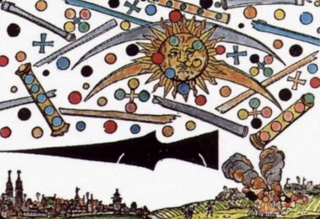 elalienistadoc's tweet photo. ¿qué pasó de verdad en los cielos de Núremberg en 1561?

¿Se trata de un juego extraterrestre que involucra naves espaciales (OVNIs) o algo similar?

La lanza negra me recuerda al satélite del Caballero Negro.

En mi opinión, no creo que esto sea una exageración bíblica o un fenómeno natural malinterpretado que funcione como una señal de advertencia ominosa. Los objetos representados en esta impresión ([creada por Hans Glaser]) parecen demasiado futuristas.

¿Qué eran realmente esas esferas, cruces y flechas?
