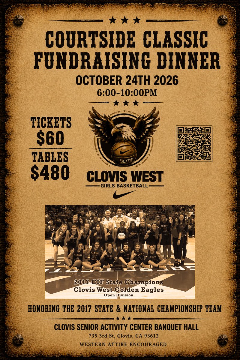 CWGirlsBball's tweet photo. 2026 COURTSIDE CLASSIC 
CWGBB Fundraising Dinner

October 24th

We will be honoring the 2017 State and National Championship team!

Tickets can be purchased using the QR code on the flier or the link below!

For questions, please contact: craigcampbell@cusd.com https://t.co/YPb9pbHeqK