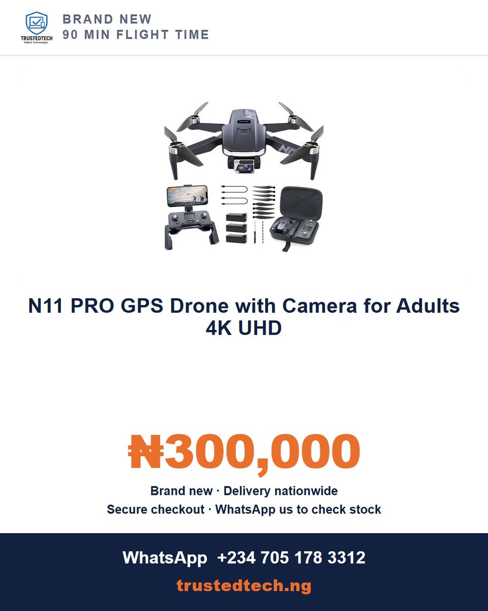 TrustedTechNG's tweet photo. Brand new. N11 PRO GPS Drone: 4K UHD camera, up to 90 min flight time, GPS auto return, follow me mode. Comes with the full kit. ₦300,000.

https://t.co/UxFcefcm0F

#lagosdrones #dronesinnigeria https://t.co/XLZDDxn2q5
