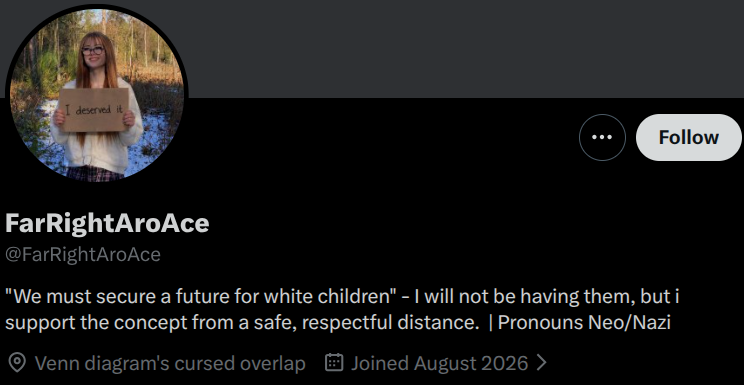 JarateIsForever's tweet photo. this account is fucking killing me "Pronouns Neo/Nazi" holy shit bro https://t.co/0HhtAPCbpz