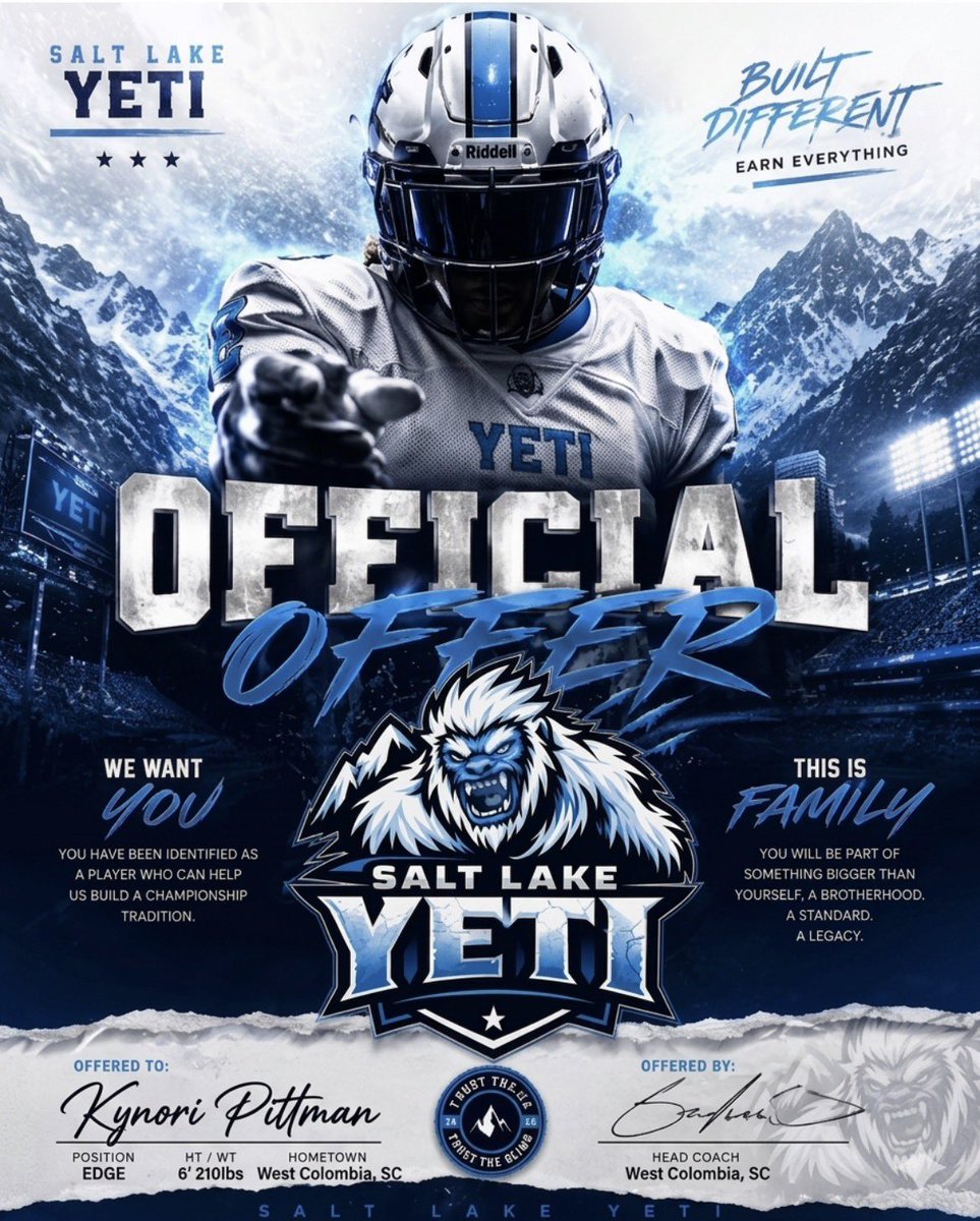 KynoriP95874's tweet photo. After a great conversation with Coach Mauss, I’m blessed and grateful to receive an offer from the Salt Lake Yetis! 🏔️❄️.               
#AGTG #SaltLakeYetis @willg7477 @ALALexFootball https://t.co/K8DY9ahgwS