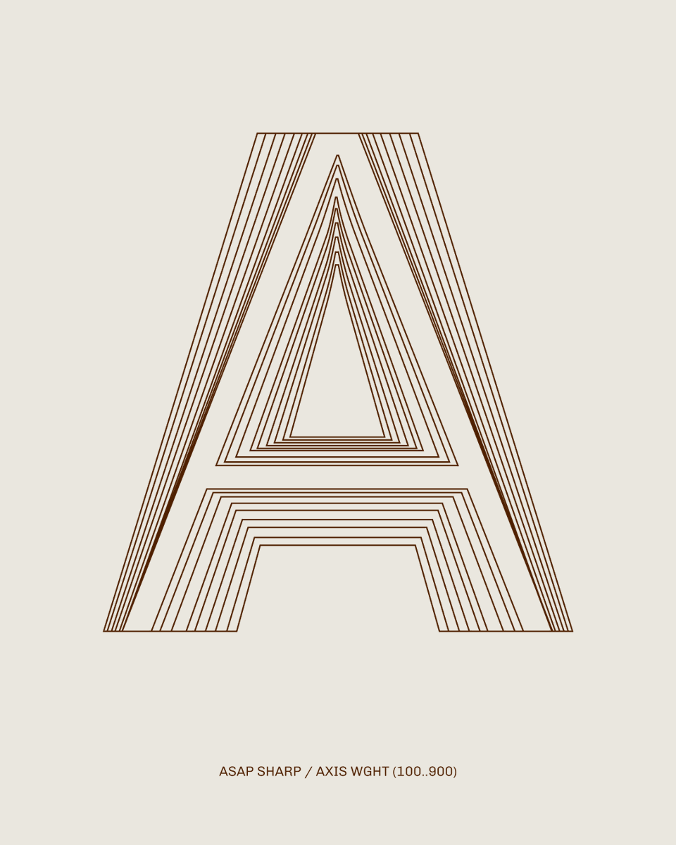 OmnibusType's tweet photo. New! Asap Sharp VF (the non-rounded Asap) is here. Designed by P. Cosgaya (Asap/Ancha/Patagonia lineage w/ H. Gatti), its Uniwidth system allows weight/width changes without text reflow. Tech dev by Omnibus-Type Team. https://t.co/XeD9iApRGQ https://t.co/aqlzRV7ttg