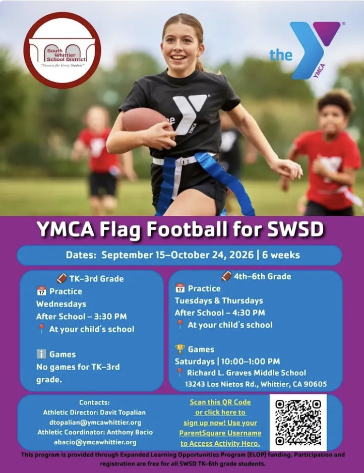 SouthWhittierSD's tweet photo. Families, get ready to play! ๐
The YMCA is offering a FREE Flag Football program for SWSD students in TKโ6th grade!
The program runs from September 15thโOctober 24th.
See the flyer for full details and to register. #swsd #successforeverystudent https://t.co/LPx8jzgMjY