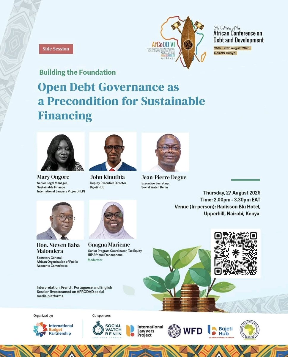 bajeti_hub's tweet photo. 🚨HAPPENING TODAY at #AfCoDDVI!

Our Deputy ED, @JohnKinuthia, will join experts from ILP, @swbenin &amp; @AFROPAC1 to unpack rules for authorizing, disclosing &amp; scrutinizing public debt.

🗓️ Today, 27 Aug
⏰ 2:00–3:30 PM
📍 Radisson Blu, Upper Hill 
📡 @AFRODAD2011

#DebtGovernance https://t.co/0u2Rd1M8c7