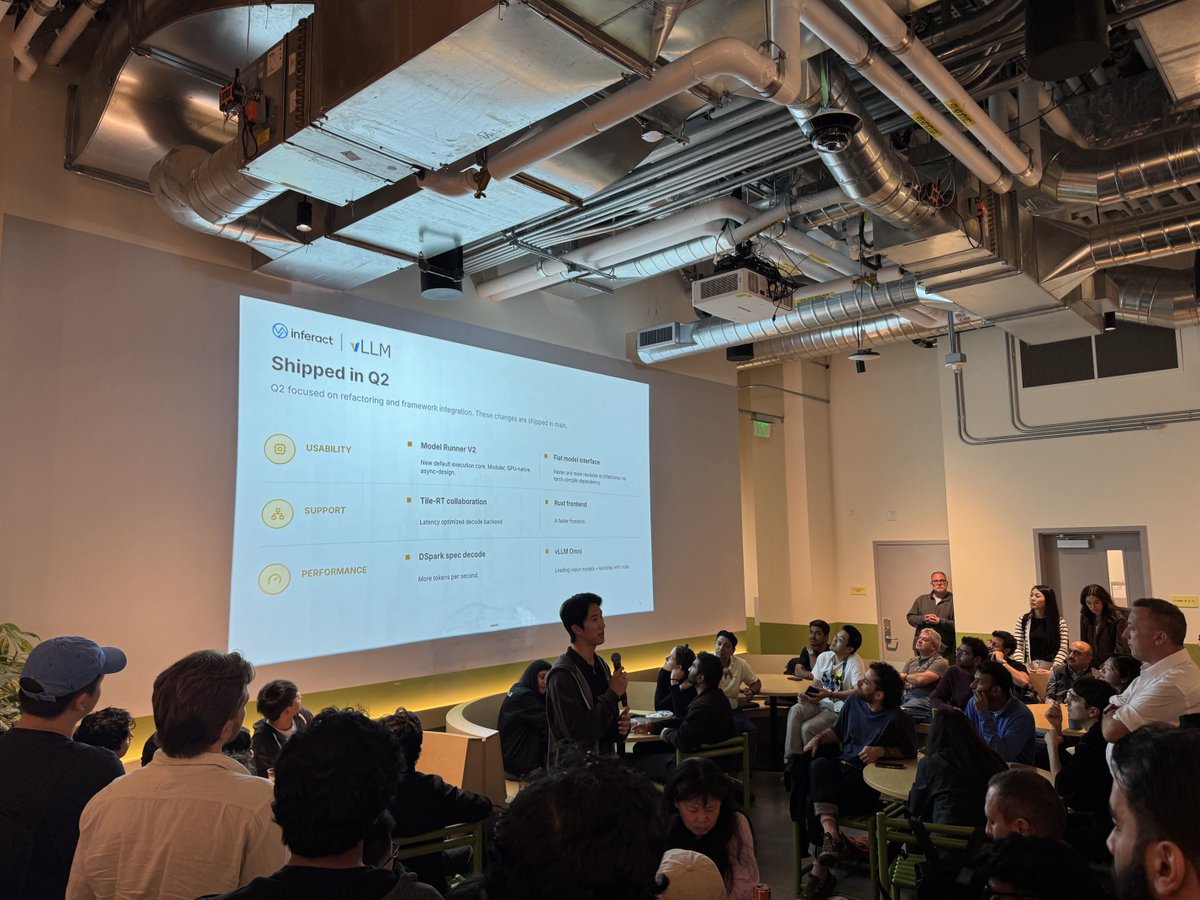 vllm_project's tweet photo. On Monday before the vLLM Conference, we co-hosted the vLLM x NVIDIA Dynamo meetup. We had room for 300 people and got 1,600 signups. Incredible turnout from this community. 🎉

Talks:
🔷 Zachary Xi and Zijing Liu (Inferact) talked about the State of vLLM and agentic serving in production
🔷 Harry Kim, Akshatha Kamath, and Anish Maddipoti (NVIDIA) talked about Dynamo and distributed serving

There were great conversations over food and drinks with people building across the inference stack, and a special focus on the vLLM and Dynamo relationship for production inference.

Thank you to @inferact and @NVIDIAAI for organizing! More meetups to come soon.