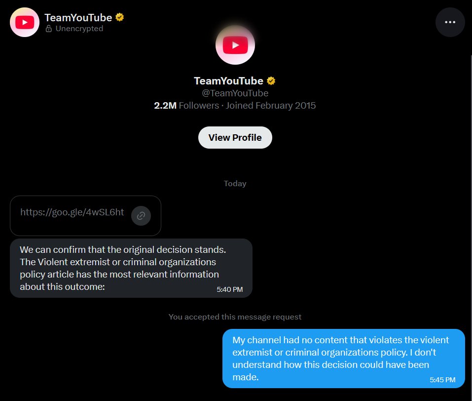 CatgirlsDeluxe's tweet photo. @TeamYouTube This doesn't help me at all. I'm aware of the decision but I have no idea how it could have possibly been made. Once again, if an actual human could look at my channel for just a moment they'd see it was a mistake. https://t.co/faNF07Nljw