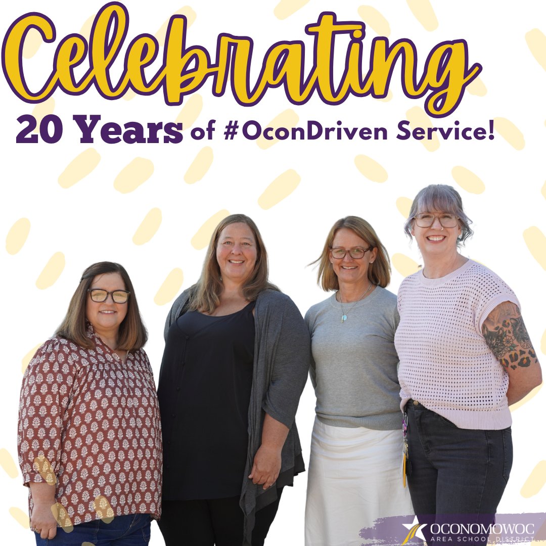 oconschools's tweet photo. 💜 These amazing staff members have been #OconDriven for 20 years, and their impact on the OASD is unforgettable. Help us show our appreciation—like this post or drop a thank you or 🎉 in the comments to celebrate them! #OconPride #Oconomowoc https://t.co/8pGuZUAX6C