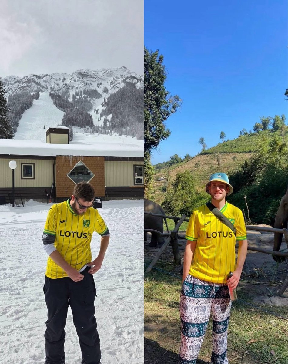 TalkNorwichCity's tweet photo. Norwich boy goes around the *entire world* 🌍 wearing the same shirt… 👏

Will, we salute you. 🫡 💚

#NCFC 📸 @w1ll__powell IG https://t.co/cmuvQOKLFi