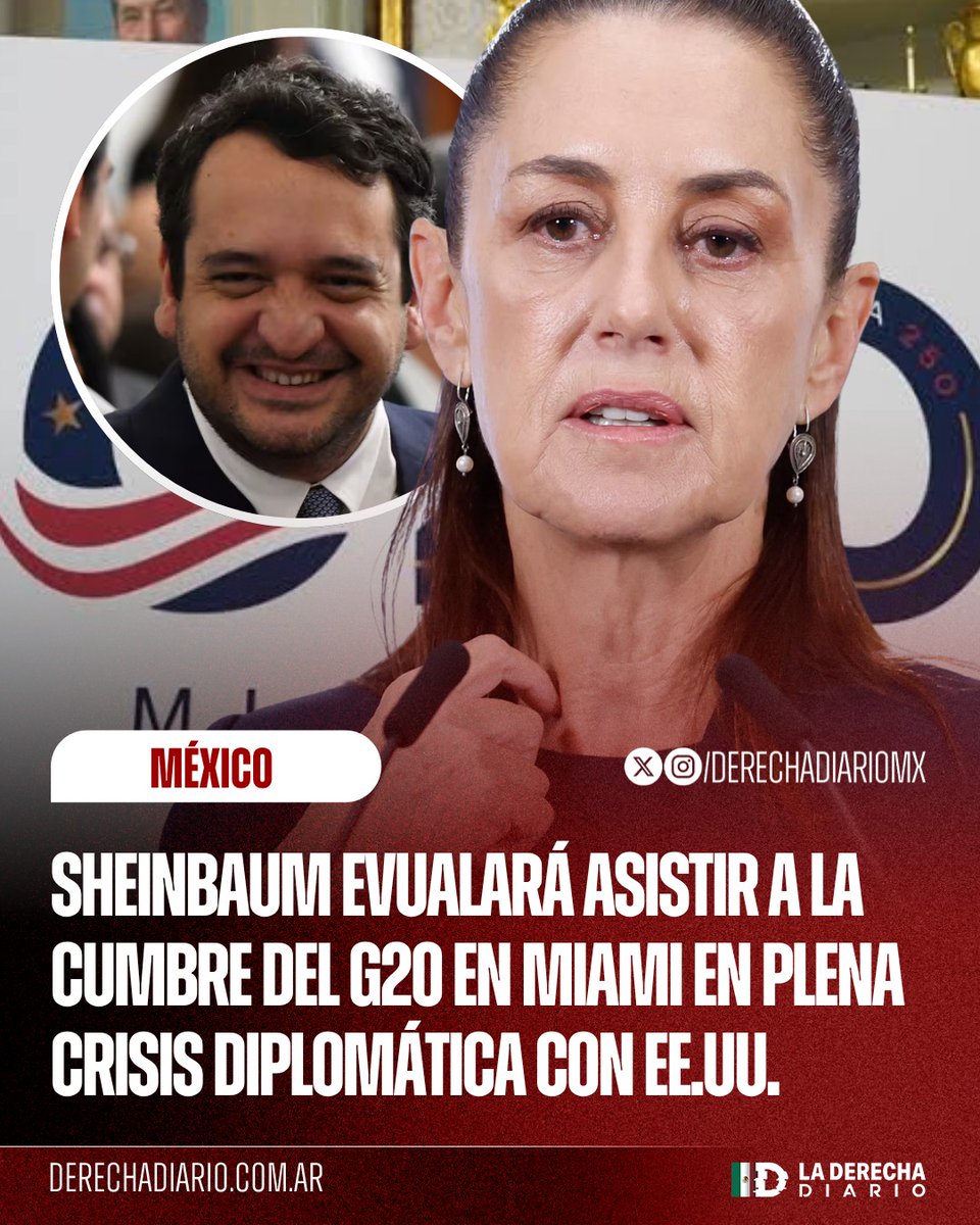 DerechaDiarioMX's tweet photo. 🚨🇲🇽🇺🇸 | En medio de la crisis diplomática con EE.UU., la narcopresidente Sheinbaum confirmó que recibió la invitación formal para participar en la próxima Cumbre del G20 en Miami, propuesta por el Presidente Trump.

Señaló que analiza asistir personalmente o enviar una delegación, porque no se atreve a dar la cara en el extranjero después de defender al huachicolero hijo de AMLO, "El Andy", por la cancelación de su visa.