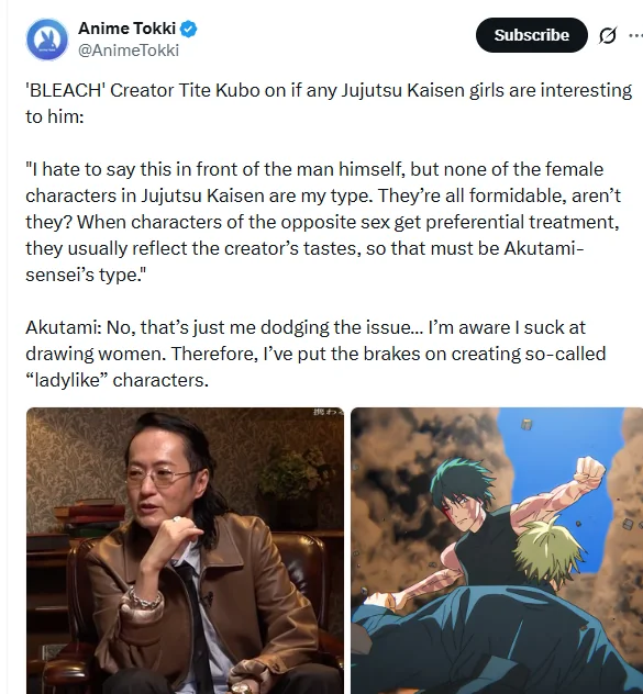 DiscussingGTA's tweet photo. Bleach Mangaka Says JJK Girls Arent Attractive Infront Of JJK Mangaka, JJK Mangaka Says He Would Have Made Them Attractive If He Didnt Suck At Drawing Women https://t.co/3Ci5Ih0tWo