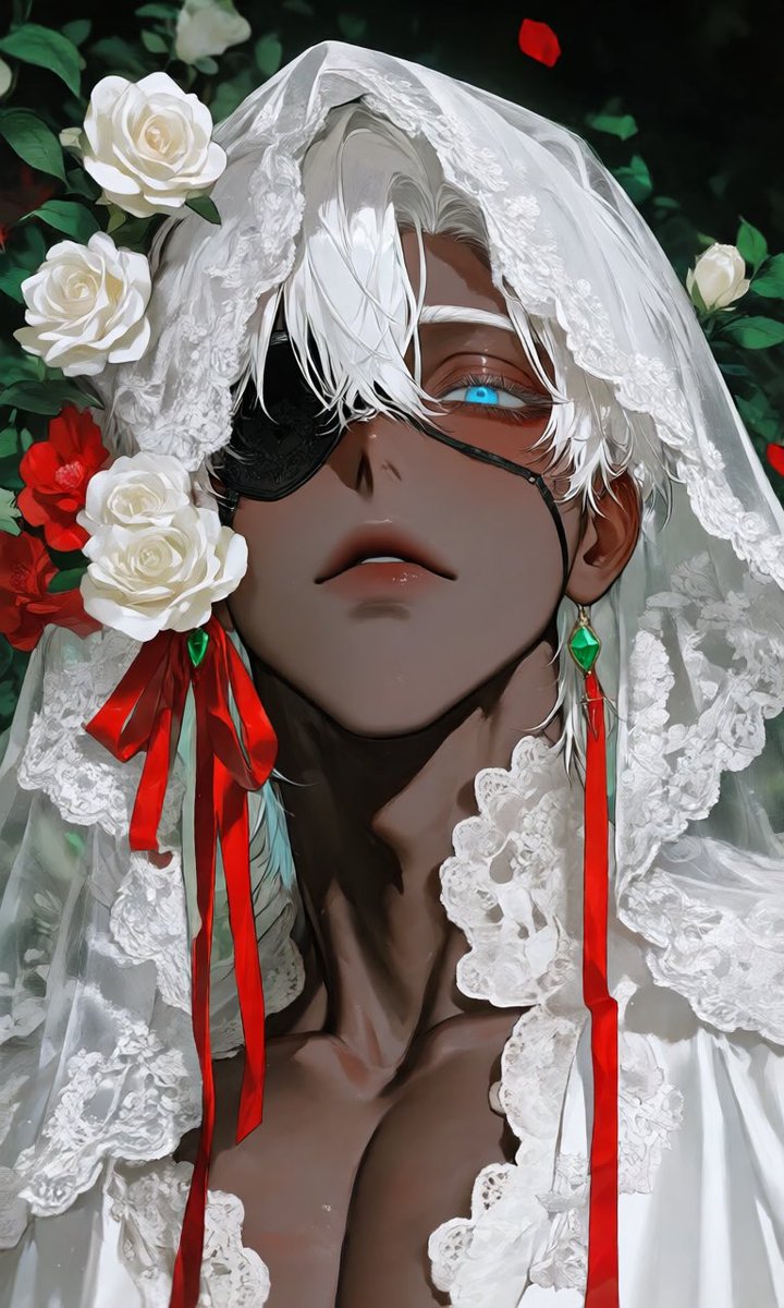 Minetaiuxm's tweet photo. [プロンプト]
white lace veil, intricate floral lace, sheer embroidered tulle, scalloped lace edges, layered lace framing the face, white roses beside face, vivid scarlet red ribbon, emerald green jewel accent, elegant white clothing, gender-neutral attire, floral background, abundant white roses, scattered scarlet red flowers, deep emerald green foliage, flowers softly surrounding the silhouette, close-up, soft romantic atmosphere, gentle diffused lighting

 #AIイラスト  #AIart️️️️️️️️️️️️️️️️️️️️️️️️️️️️️️️️️️️️️️️️️️️️️️️️️️️