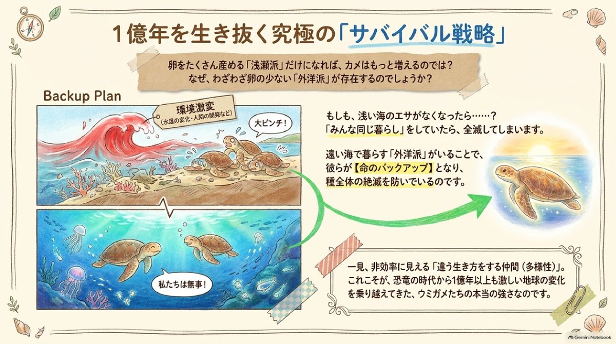 Kenyatama's tweet photo. ウミガメの回遊経路、かなり解明されてたんですね。
アカウミガメは、大人になると「浅瀬派」と「外洋派」に分かれる様子。
エサが豊富な浅瀬派の方が体が大きく、産卵数も2倍以上ですが、外洋派の存在で種全体の絶滅を防いでいる可能性が。
多様性が大切なんだな。
#生物学 #ウミガメ #アカウミガメ https://t.co/vUFrufg2bO