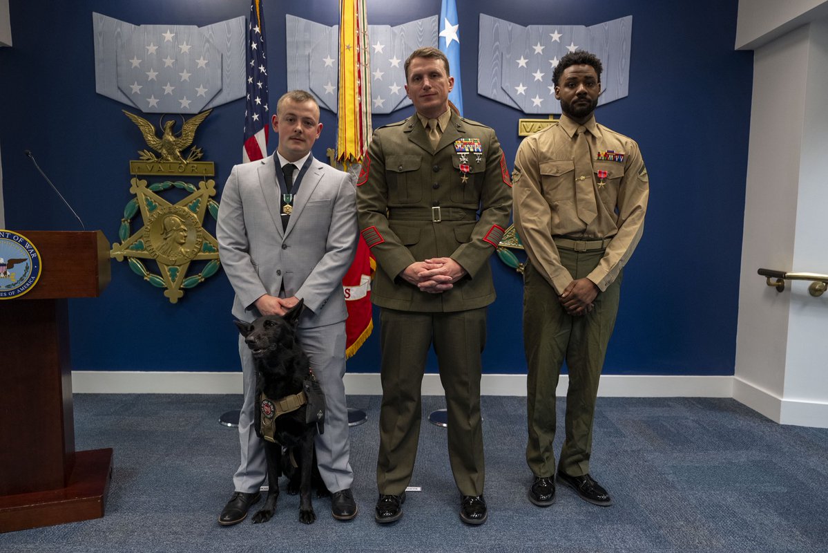 DeptofWar's tweet photo. For five years, the records of Gunnery Sergeant Jonathan Eby, Lance Corporal Jordan Houston and Corporal Michael Gretzon did not accurately reflect their heroism during the Abbey Gate terrorist attack.

These men put their lives on the line to save others. Today, we made it right.