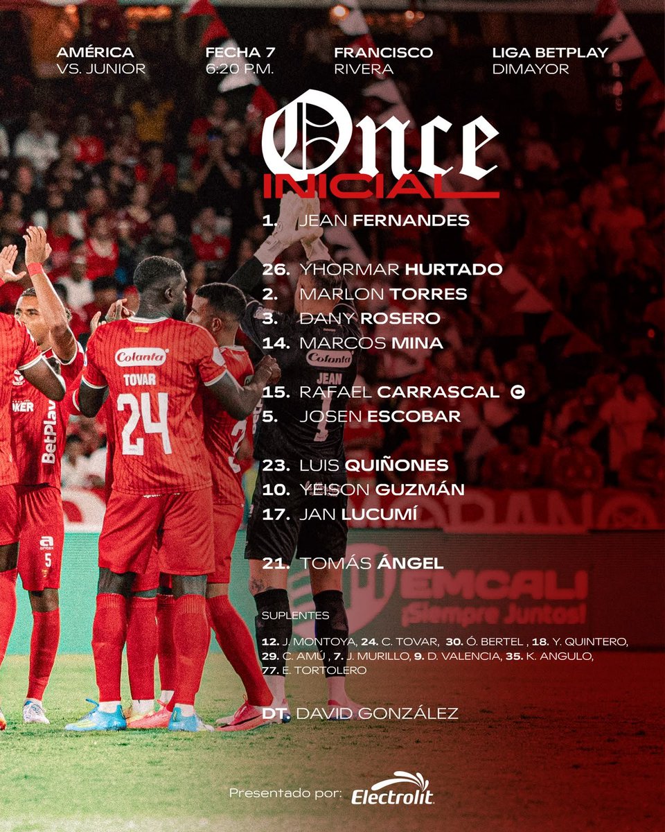 Juliandavid_ss's tweet photo. Titulares del @AmericadeCali para enfrentar a Junior en el estadio Francisco Rivera Escobar de Palmira. Partido 6:20 p.m. Fecha 7 de Liga BetPlay Dimayor II 2026.

3 novedades en la formación:
- Marlon Torres 
- Marcos Mina 
- Jan Lucumí. https://t.co/BwdhzuN25A