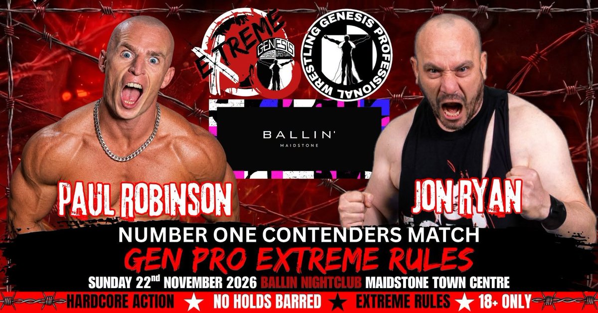 GenProOnline's tweet photo. 🔞GEN PRO EXTREME🔞

Event Details:
📅 Date: SUNDAY, 22nd November
⏰ Time: 18:00 PM – 21:00 PM
📍 Location: Ballin' Nightclub, Maidstone Town Centre
🎟 Tickets: Secure your spot NOW at https://t.co/4eGjbGC77h

#maidstone #deathmatchwrestling  #extremewrestling #kent https://t.co/ZpsG9Y9n2T