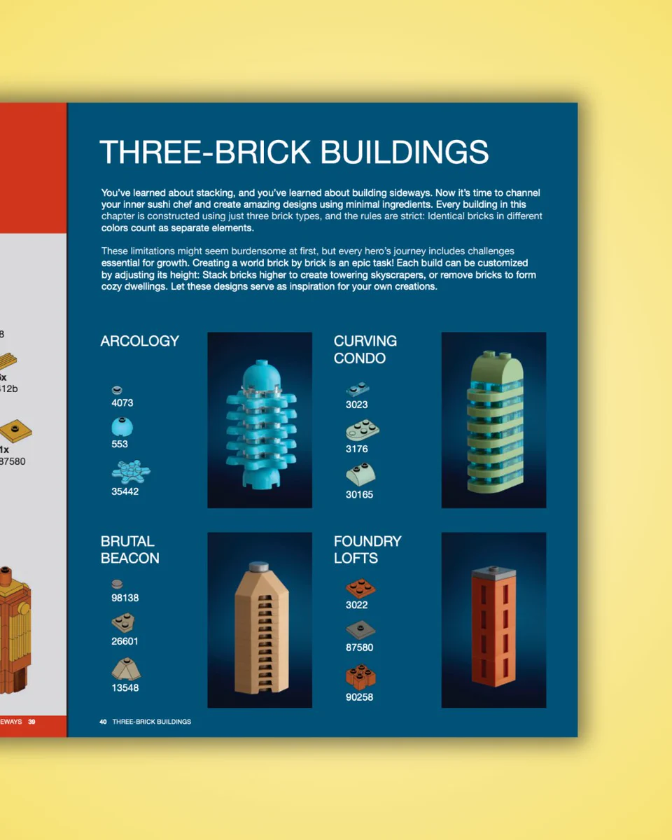 The image features a page from a LEGO catalog titled "Three-Brick Buildings." It presents four different LEGO constructions: "Arcology," "Curving Condo," "Brutal Beacon," and "Foundry Lofts." Each structure is shown with an illustration and its corresponding set number and piece count. The background is a gradient from deep blue to turquoise, and the page is bordered by a bright yellow color on the right side.