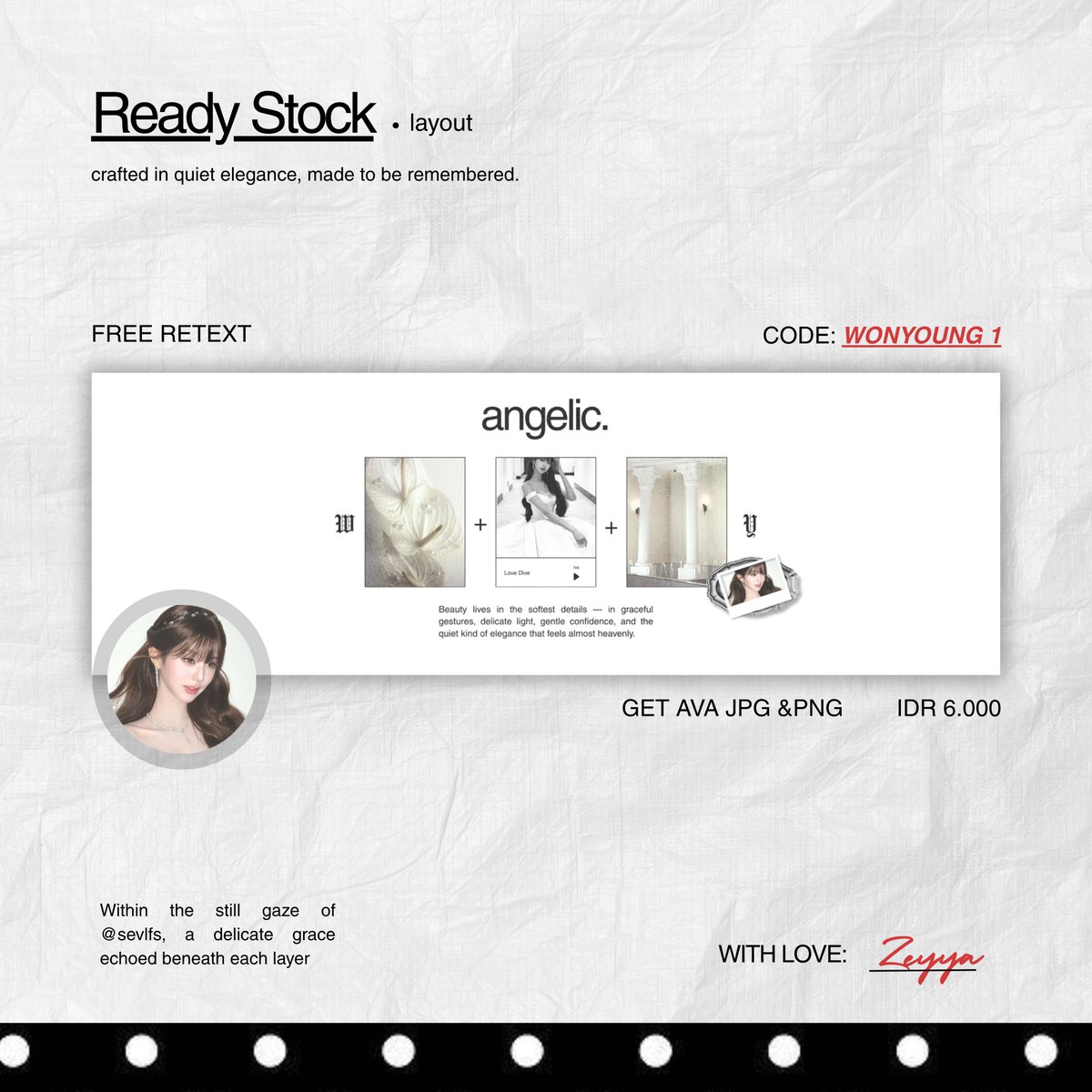 sevlfs's tweet photo. #bealanja   

help repost/rt yaaa, thank you🤍             

aku membawa layout ready stock member GAWON MEOVV &amp; WONYOUNG IVE yang bisa di take ke dm/tele aku sekarang! price on 6k/each and payment by QRIS yaa~ https://t.co/flZgu3vLGf